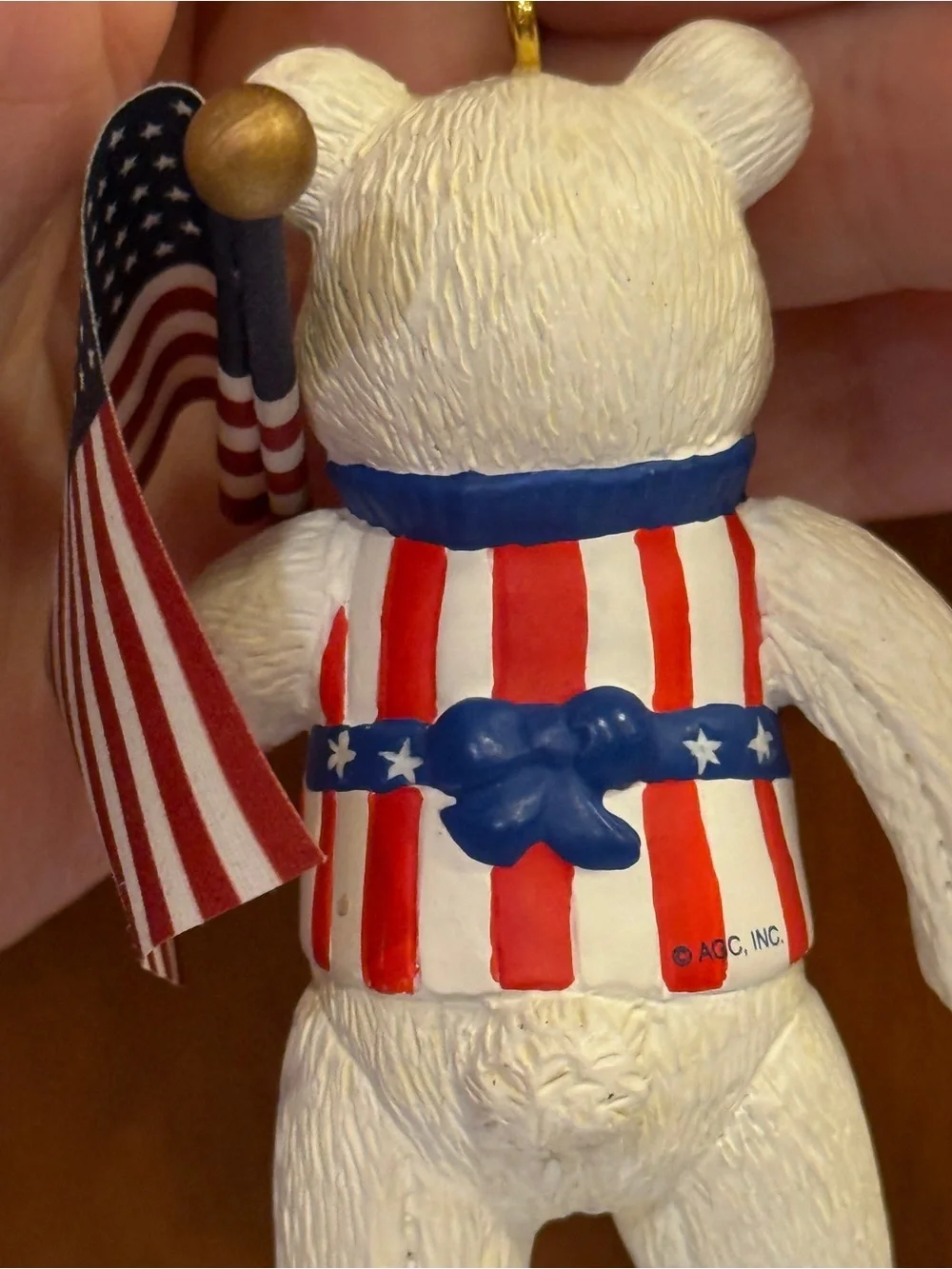 Patriotic Bear with Flag Christmas July 4th ornament in Red, White & Blue 2001